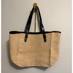 Rag & Bone Natural Straw Tote Bag with Black Leather Trim Large Beach Market